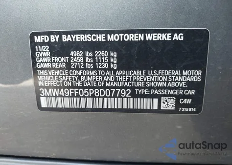 2023 BMW 3 Series M340I xDrive из США, поврежденный, VIN 3MW49FF05P8D07792